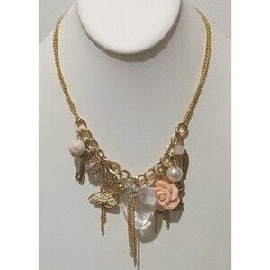 Heart Flower Butterfly Key Charm Pendant Gold Tone Chain Necklace